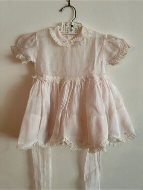 1950s Vintage Light Pink Sheer Baby Dress with Lace Trim